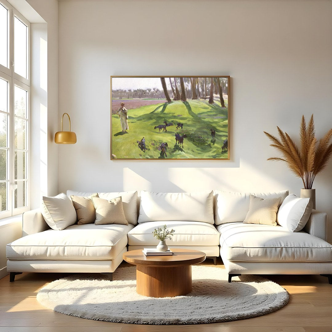 This captivating artwork captures a tranquil moment in a sun-drenched forest clearing. The distinct for Living Room