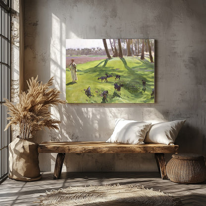 This captivating artwork captures a tranquil moment in a sun-drenched forest clearing. The distinct for Veranda