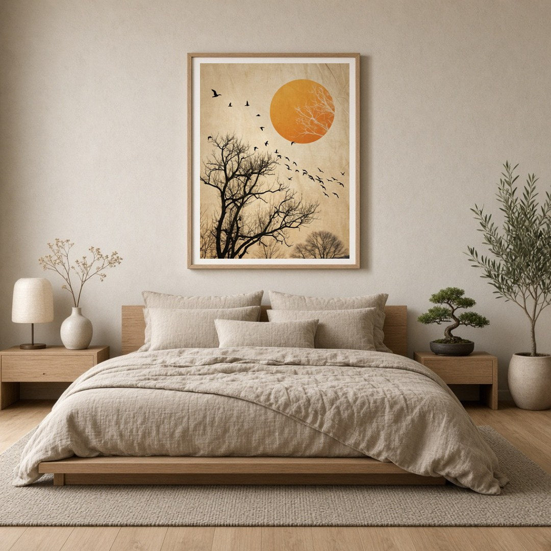 Capturing the poetic motion of birds soaring against a backdrop of skeletal winter trees and a for Bedroom