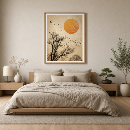 Capturing the poetic motion of birds soaring against a backdrop of skeletal winter trees and a for Bedroom
