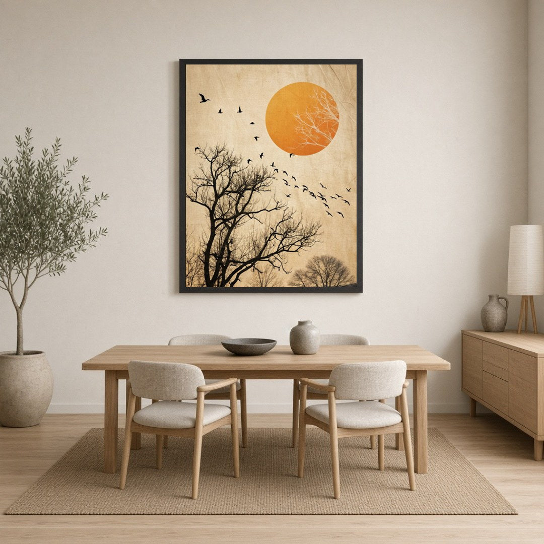 Capturing the poetic motion of birds soaring against a backdrop of skeletal winter trees and a for Dining