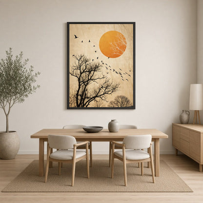 Capturing the poetic motion of birds soaring against a backdrop of skeletal winter trees and a for Dining
