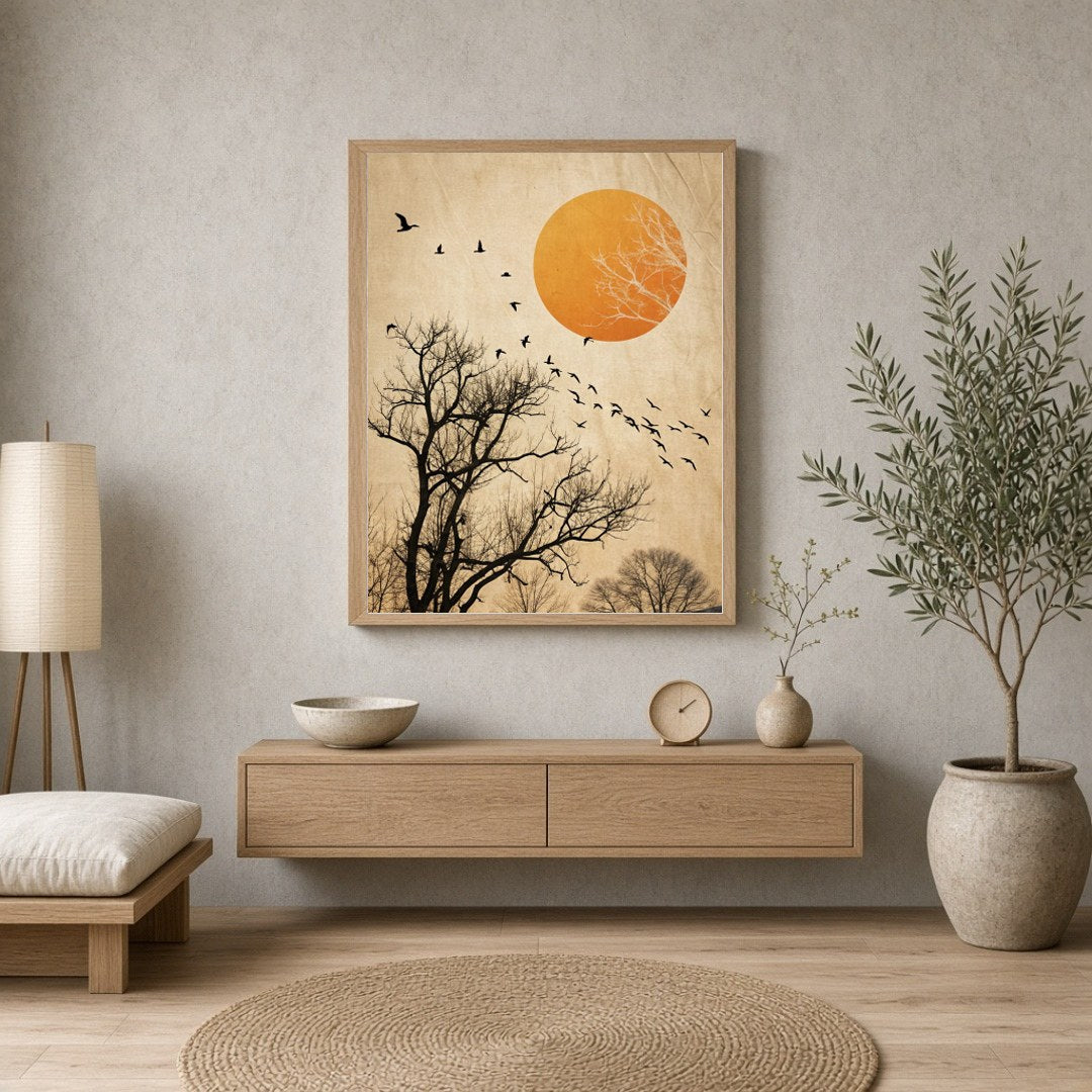 Capturing the poetic motion of birds soaring against a backdrop of skeletal winter trees and a for Entrance