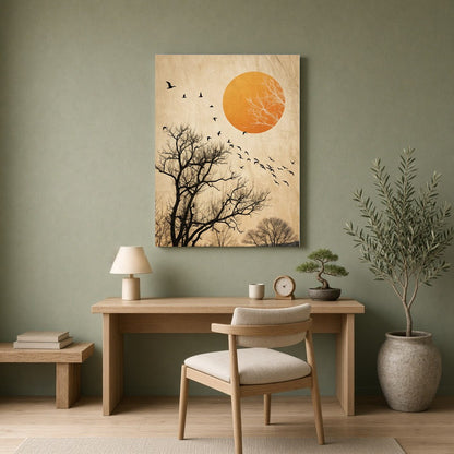 Capturing the poetic motion of birds soaring against a backdrop of skeletal winter trees and a for Home Office