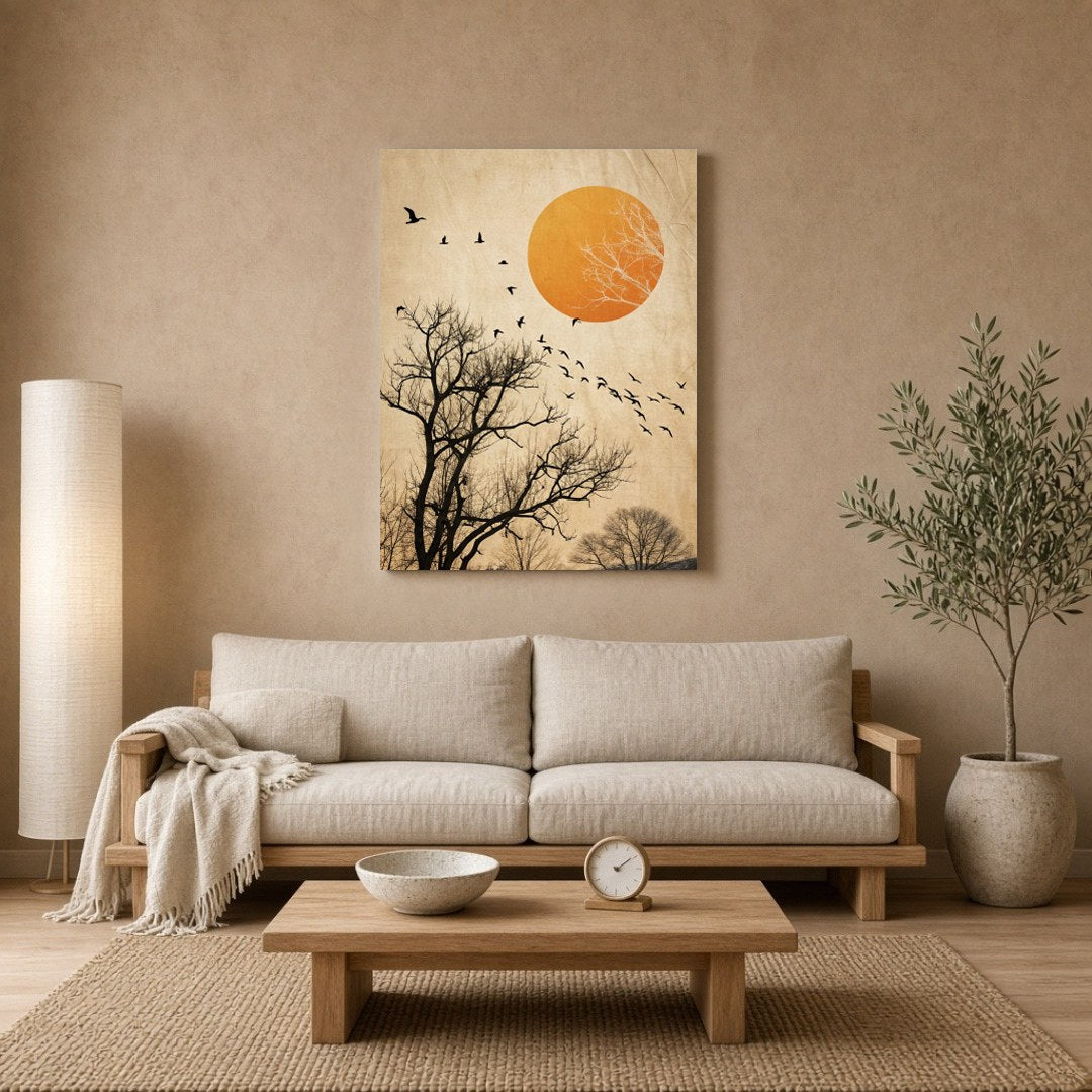 Capturing the poetic motion of birds soaring against a backdrop of skeletal winter trees and a for Living Room