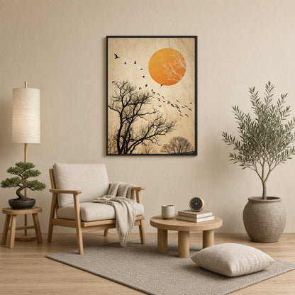 Capturing the poetic motion of birds soaring against a backdrop of skeletal winter trees and a for Reading Nook