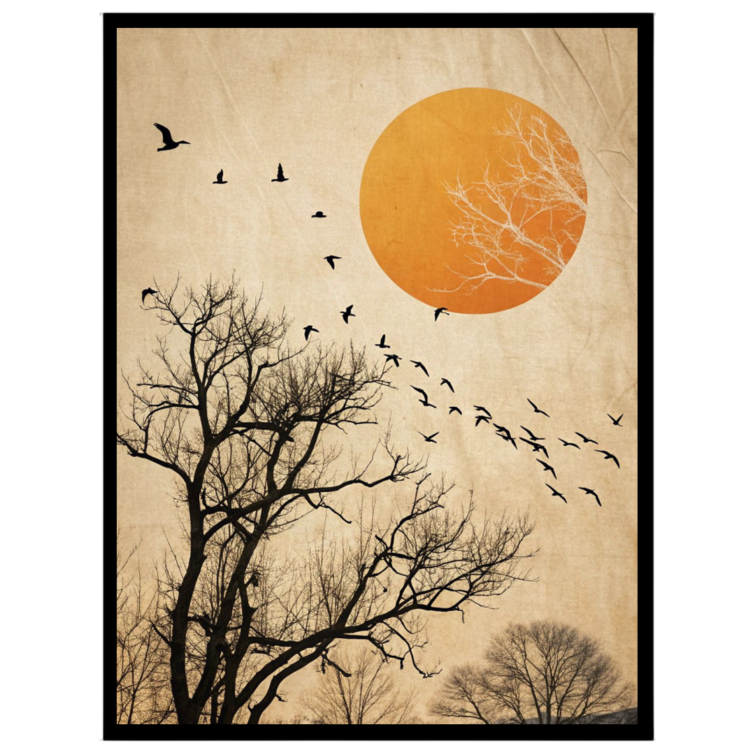 Capturing the poetic motion of birds soaring against a backdrop of skeletal winter trees and a for sanctuary