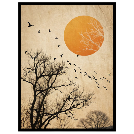 Capturing the poetic motion of birds soaring against a backdrop of skeletal winter trees and a for sanctuary