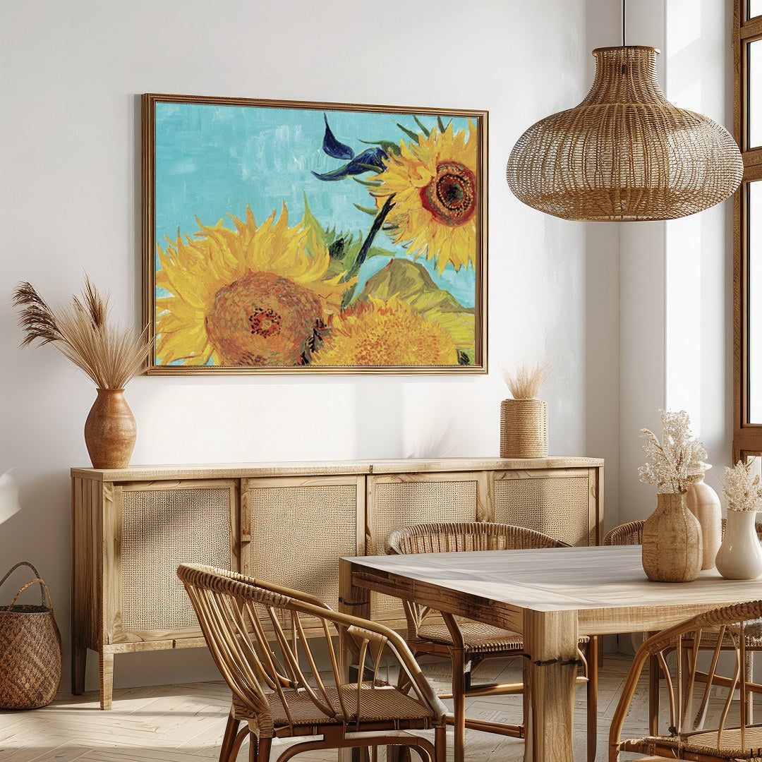 Immerse yourself in the dazzling hues of 'Sunlit Symphony,' a vibrant depiction of sunflowers in for Dining