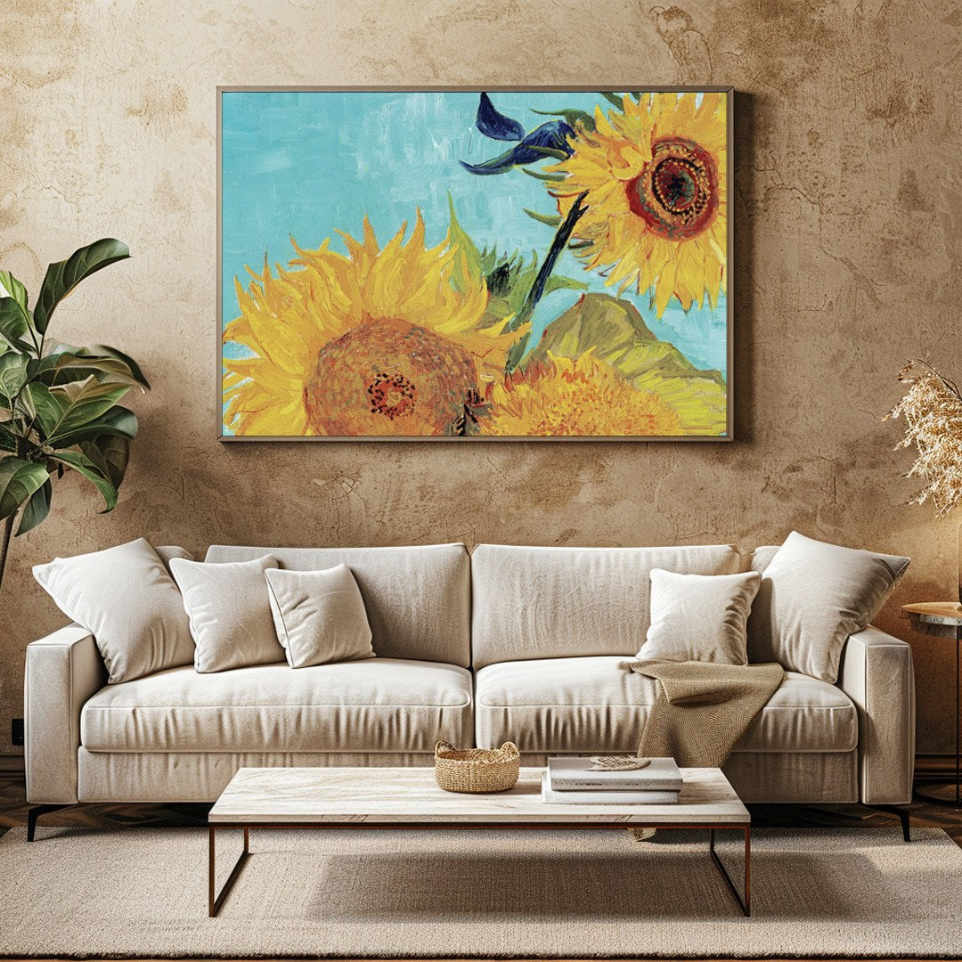 Immerse yourself in the dazzling hues of 'Sunlit Symphony,' a vibrant depiction of sunflowers in for Family Room