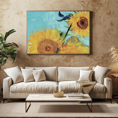 Immerse yourself in the dazzling hues of 'Sunlit Symphony,' a vibrant depiction of sunflowers in for Family Room