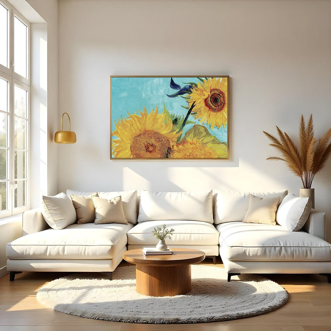 Immerse yourself in the dazzling hues of 'Sunlit Symphony,' a vibrant depiction of sunflowers in for Living Room