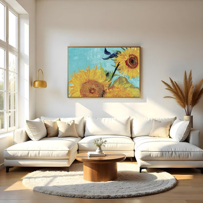 Immerse yourself in the dazzling hues of 'Sunlit Symphony,' a vibrant depiction of sunflowers in for Living Room