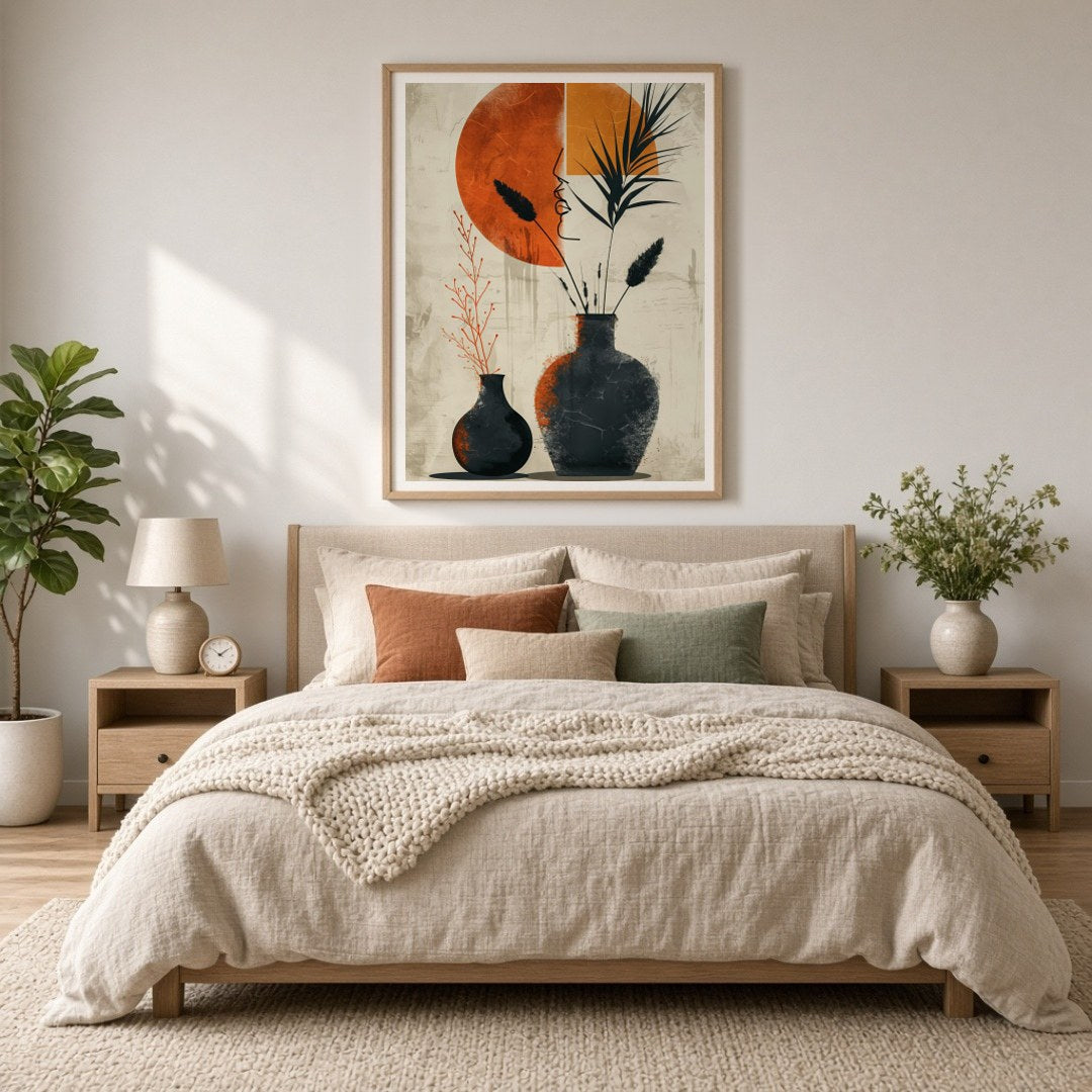 Embrace the elegance of minimalism with this striking art print featuring two terracotta vases for Bedroom