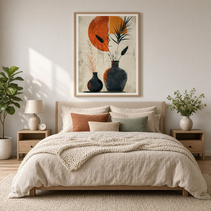 Embrace the elegance of minimalism with this striking art print featuring two terracotta vases for Bedroom