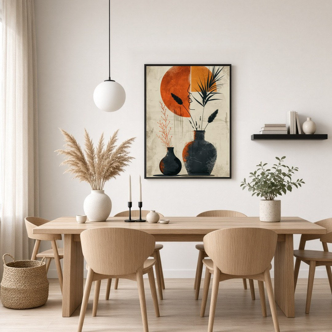 Embrace the elegance of minimalism with this striking art print featuring two terracotta vases for Dining