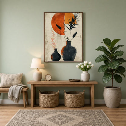 Embrace the elegance of minimalism with this striking art print featuring two terracotta vases for Entrance