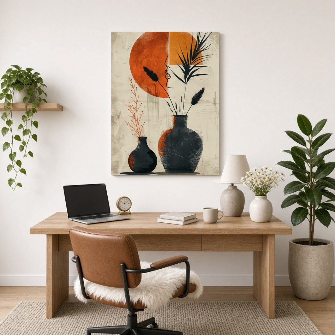 Embrace the elegance of minimalism with this striking art print featuring two terracotta vases for Home Office