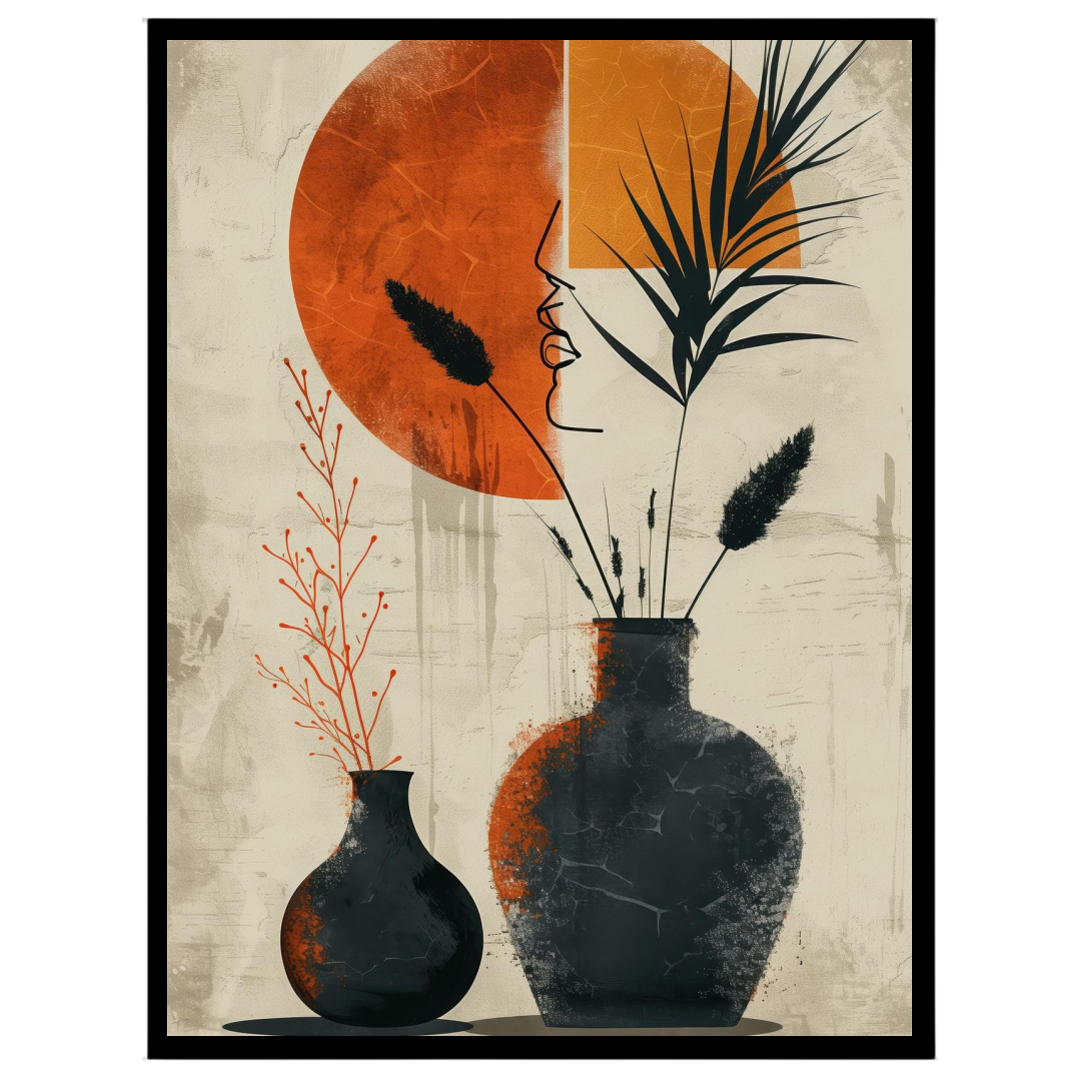 Embrace the elegance of minimalism with this striking art print featuring two terracotta vases for loft