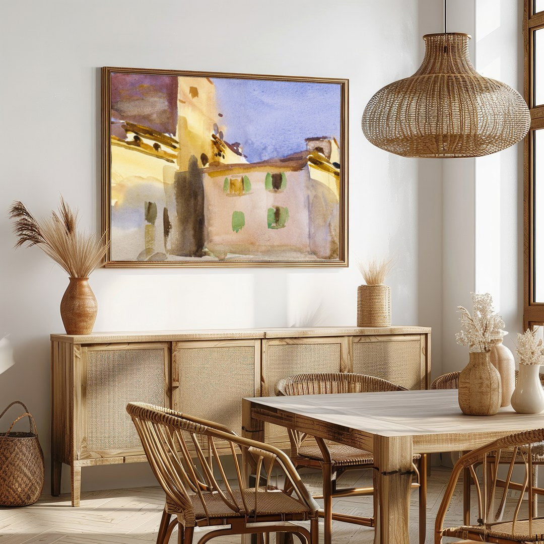 Immerse yourself in the serene beauty of this watercolor depicting a sun-drenched Tuscan village. for Dining