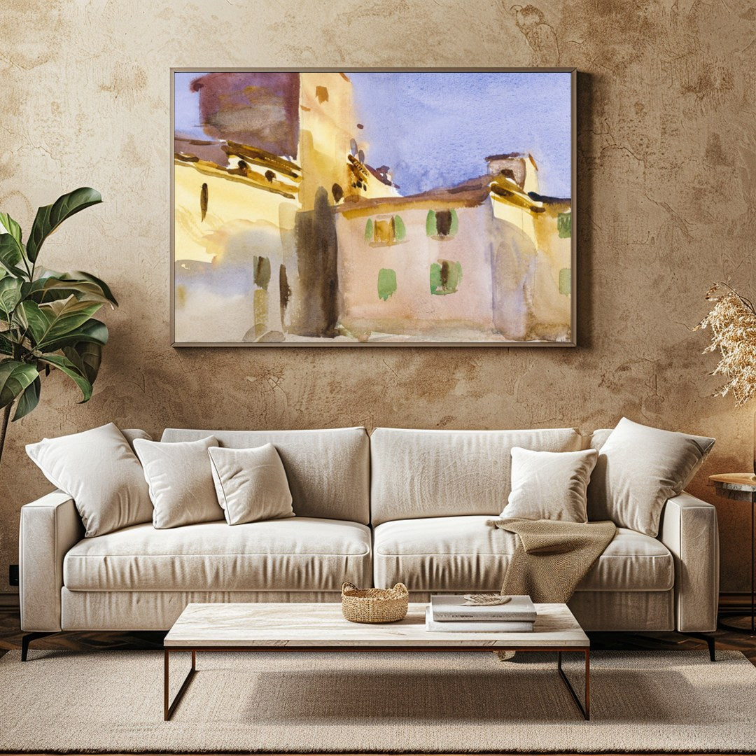 Immerse yourself in the serene beauty of this watercolor depicting a sun-drenched Tuscan village. for Family Room
