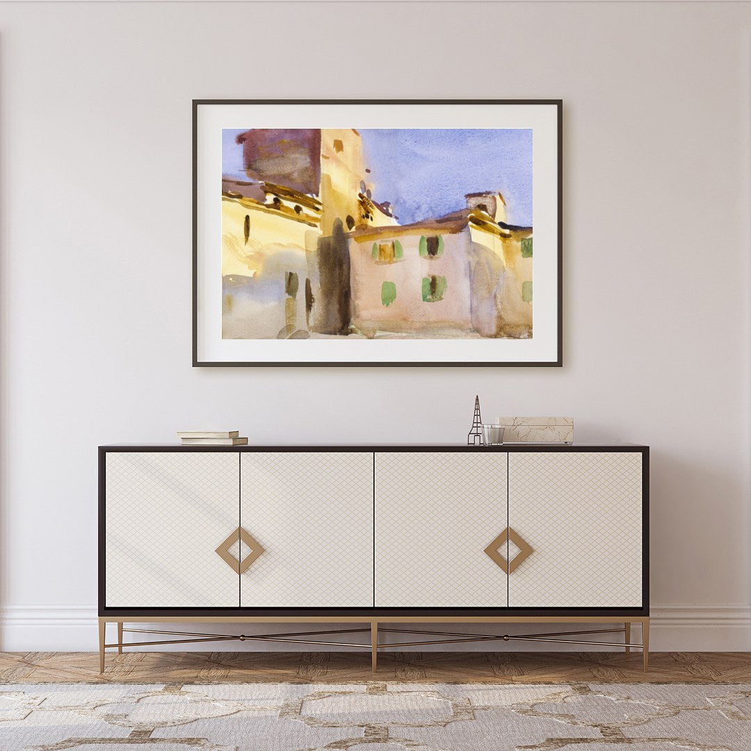 Immerse yourself in the serene beauty of this watercolor depicting a sun-drenched Tuscan village. for Foyer