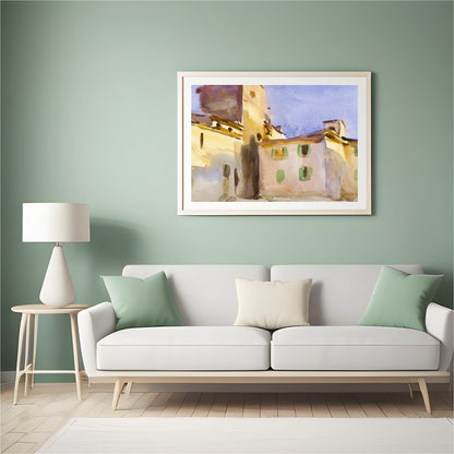 Immerse yourself in the serene beauty of this watercolor depicting a sun-drenched Tuscan village. for Hall