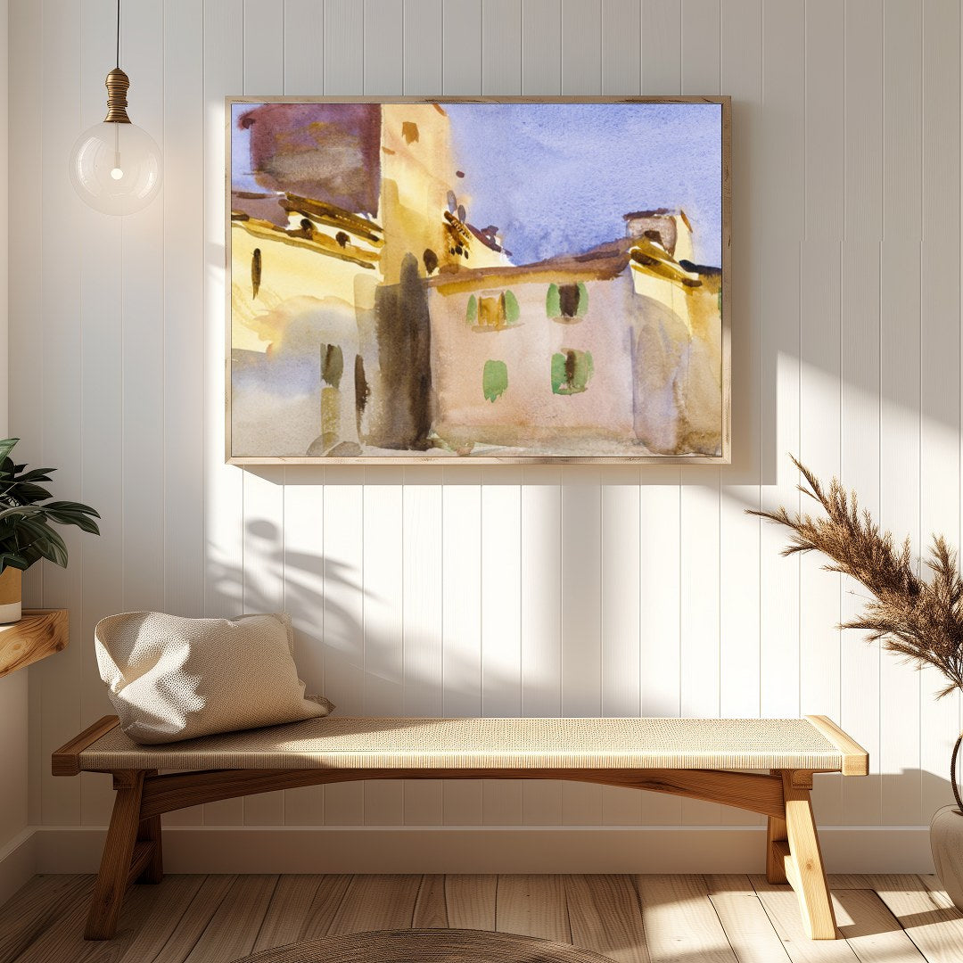 Immerse yourself in the serene beauty of this watercolor depicting a sun-drenched Tuscan village. for Hallway