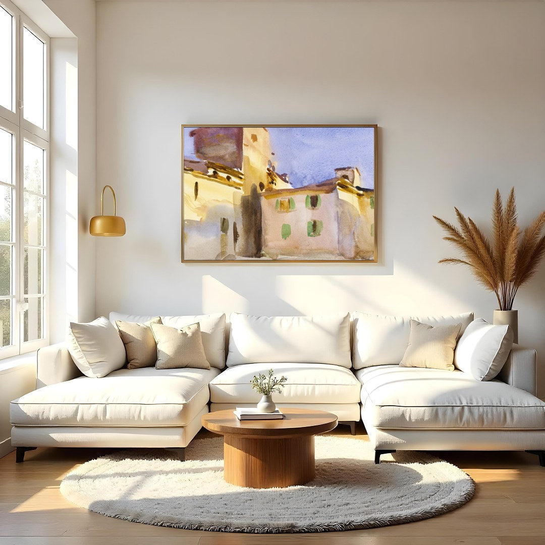 Immerse yourself in the serene beauty of this watercolor depicting a sun-drenched Tuscan village. for Living Room