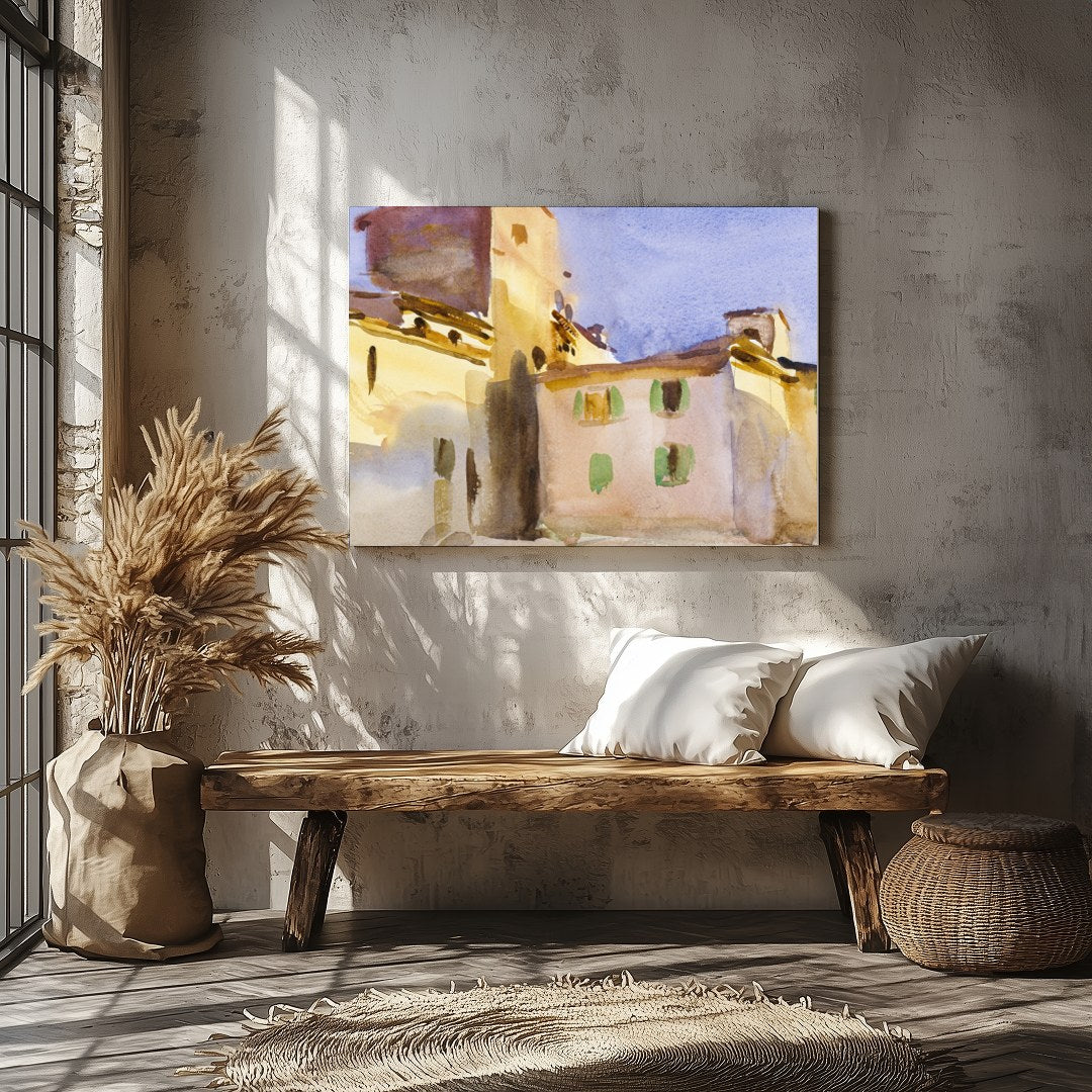 Immerse yourself in the serene beauty of this watercolor depicting a sun-drenched Tuscan village. for Veranda