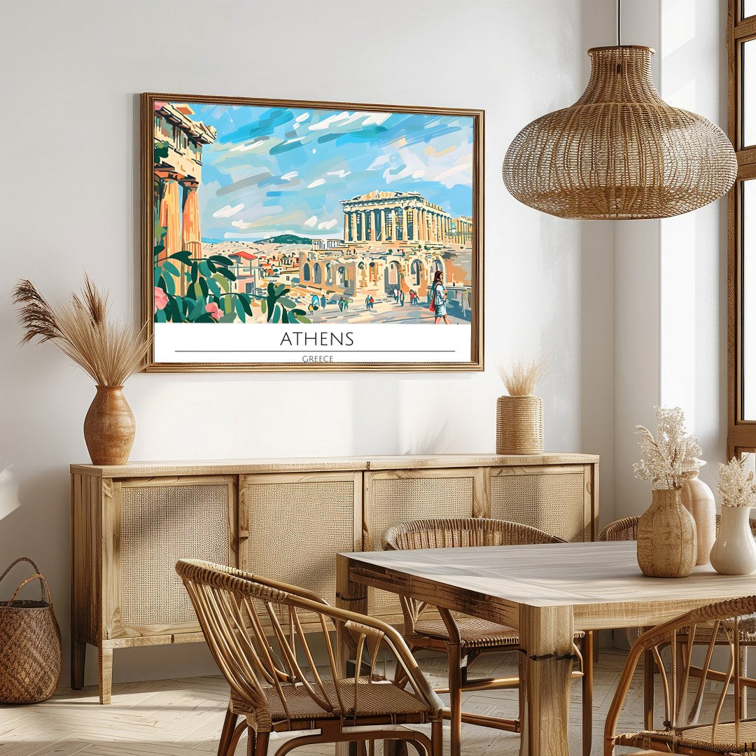 Capture the historical charm of Athens with this vibrant art piece, showcasing iconic landmarks for Dining