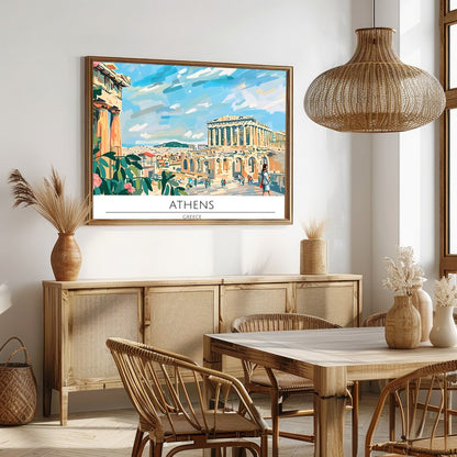 Capture the historical charm of Athens with this vibrant art piece, showcasing iconic landmarks for Dining