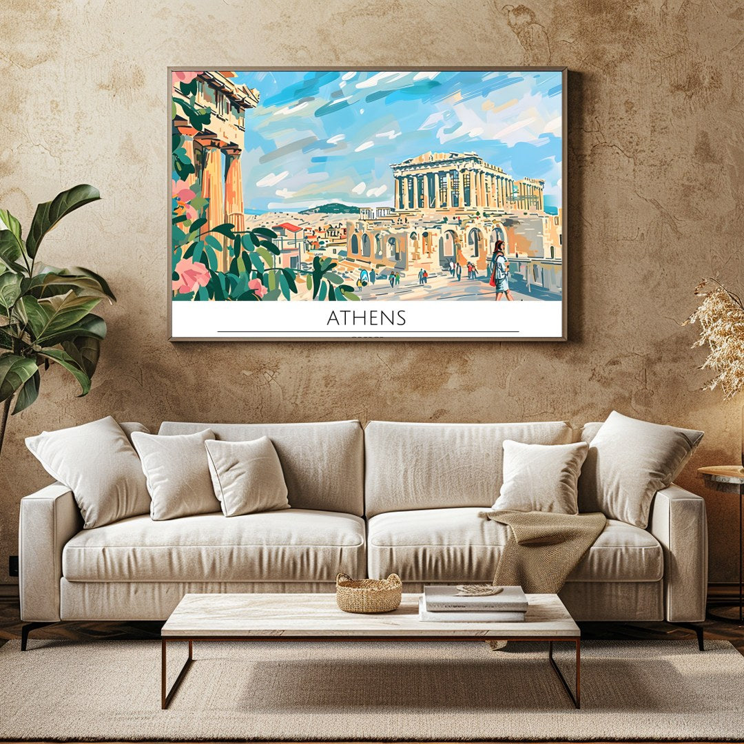 Capture the historical charm of Athens with this vibrant art piece, showcasing iconic landmarks for Family Room
