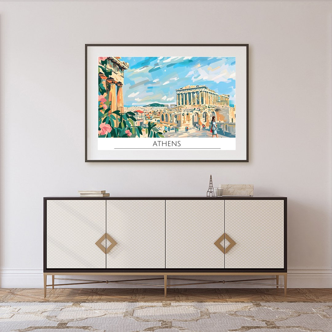 Capture the historical charm of Athens with this vibrant art piece, showcasing iconic landmarks for Foyer