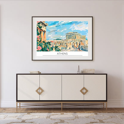 Capture the historical charm of Athens with this vibrant art piece, showcasing iconic landmarks for Foyer