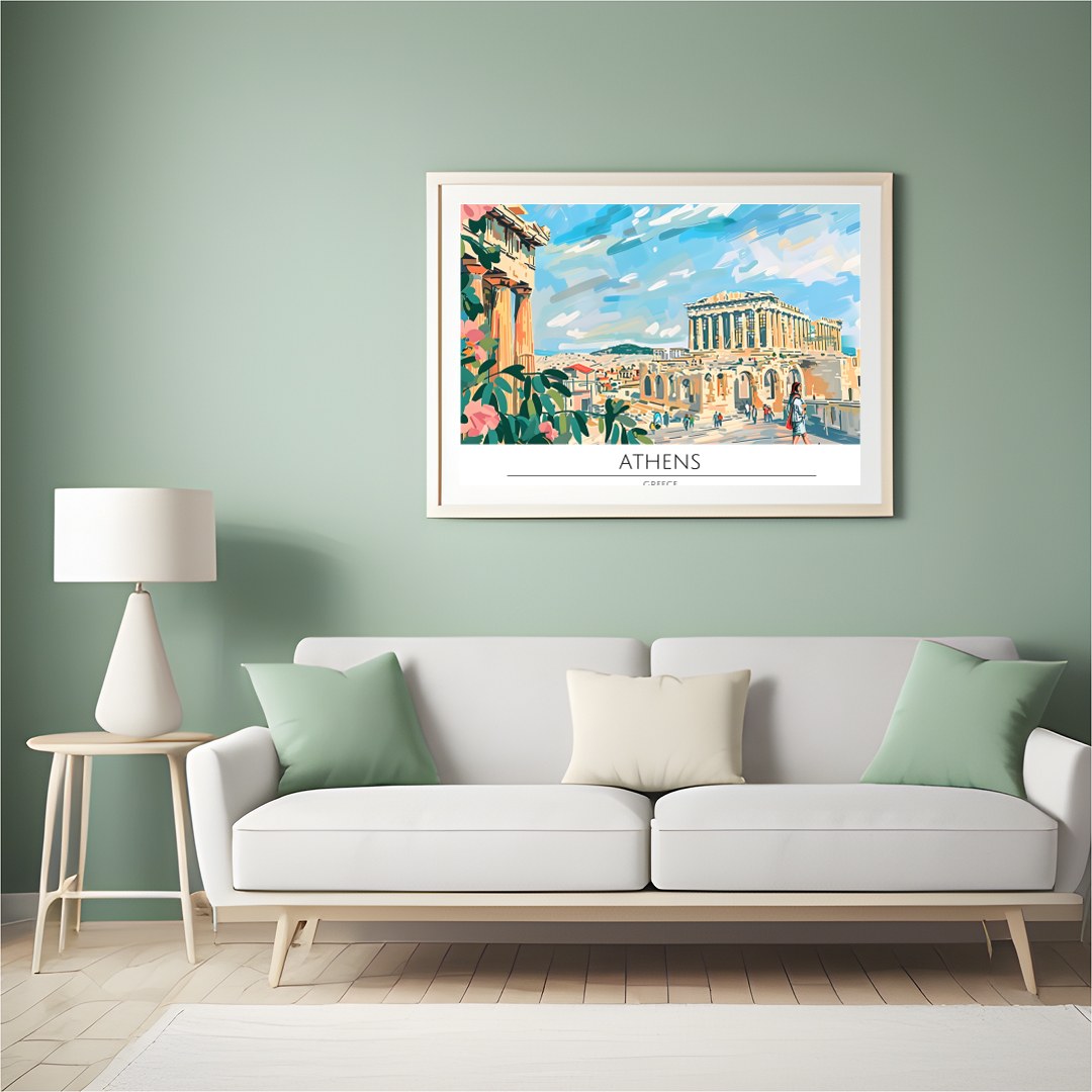 Capture the historical charm of Athens with this vibrant art piece, showcasing iconic landmarks for Hall
