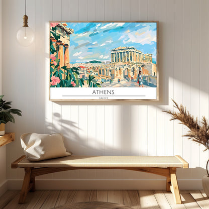 Capture the historical charm of Athens with this vibrant art piece, showcasing iconic landmarks for Hallway