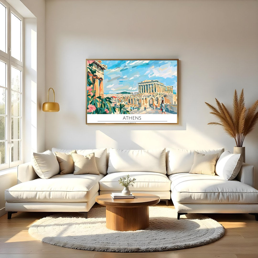 Capture the historical charm of Athens with this vibrant art piece, showcasing iconic landmarks for Living Room