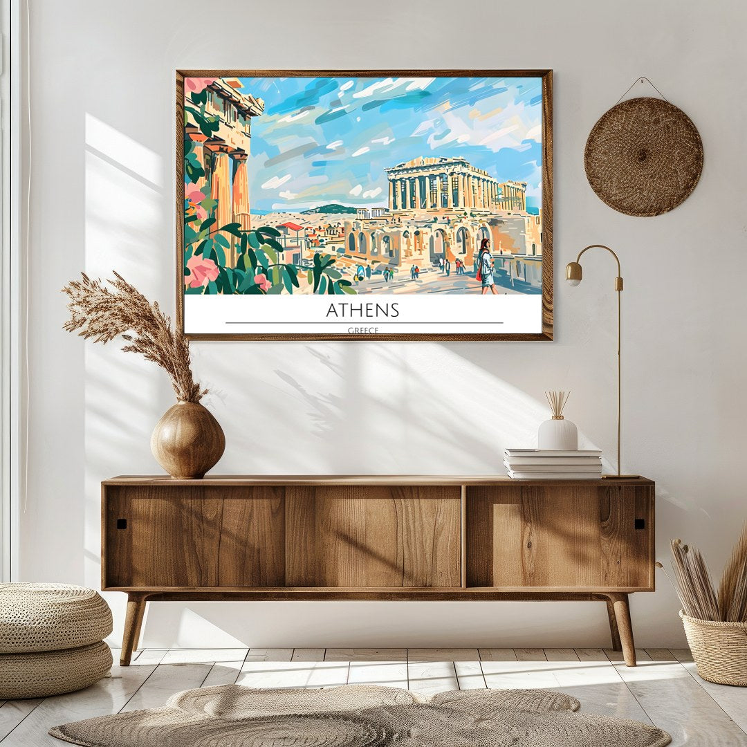 Capture the historical charm of Athens with this vibrant art piece, showcasing iconic landmarks for Sitting Area