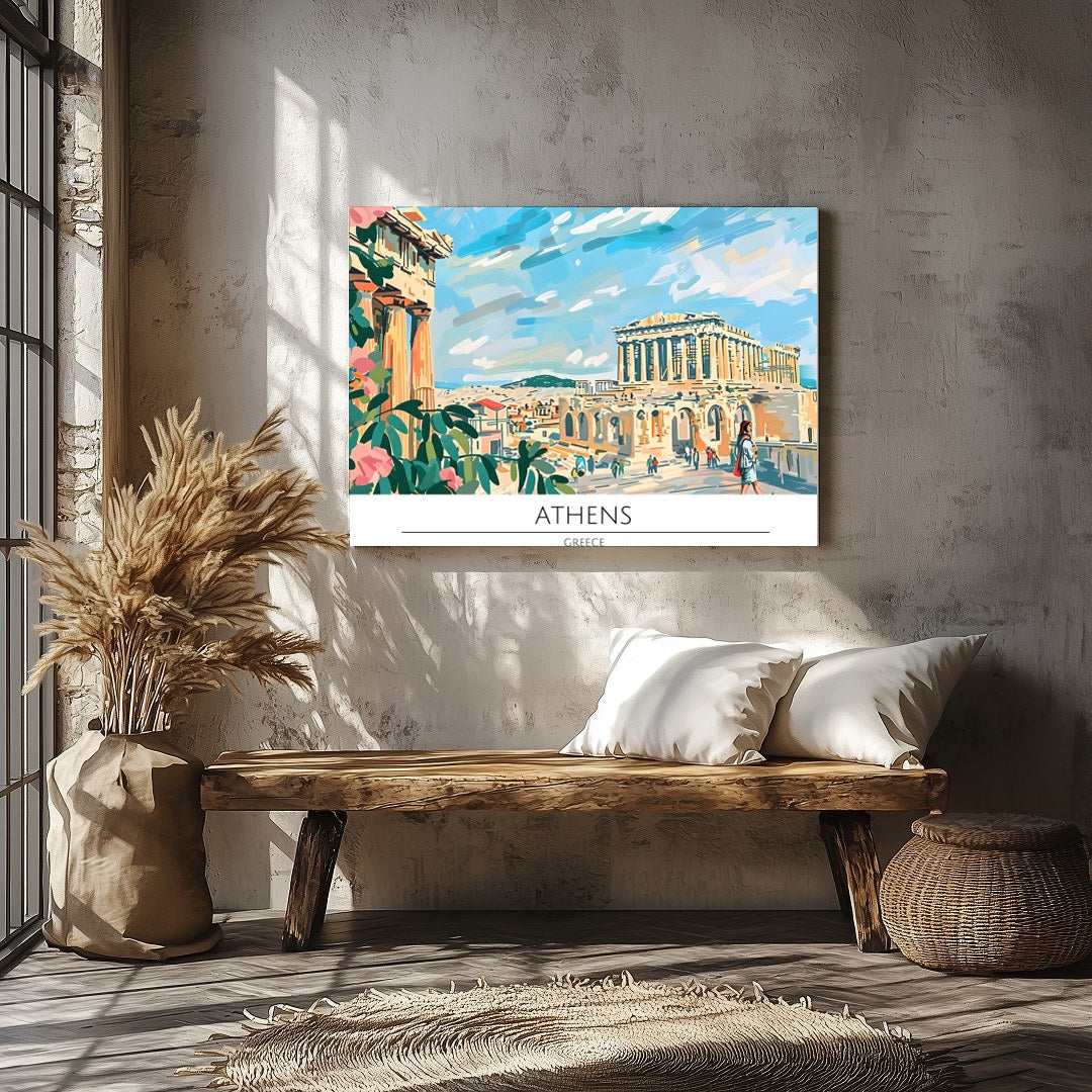 Capture the historical charm of Athens with this vibrant art piece, showcasing iconic landmarks for Veranda