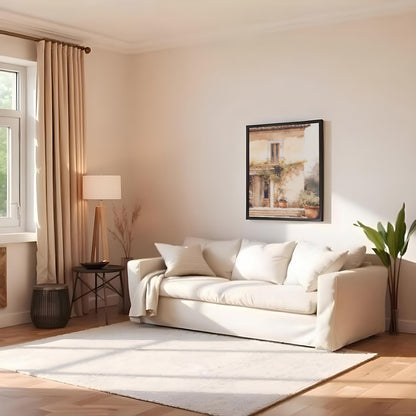 Capture the serenity and warmth of a sun-kissed villa with this exquisite watercolor painting. Its for Family Room