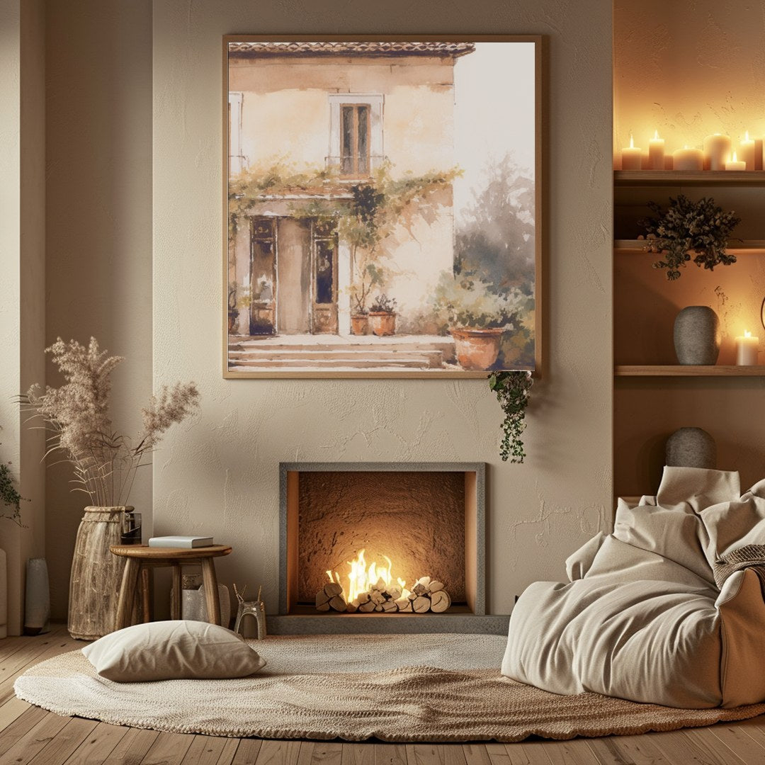 Capture the serenity and warmth of a sun-kissed villa with this exquisite watercolor painting. Its for Hall