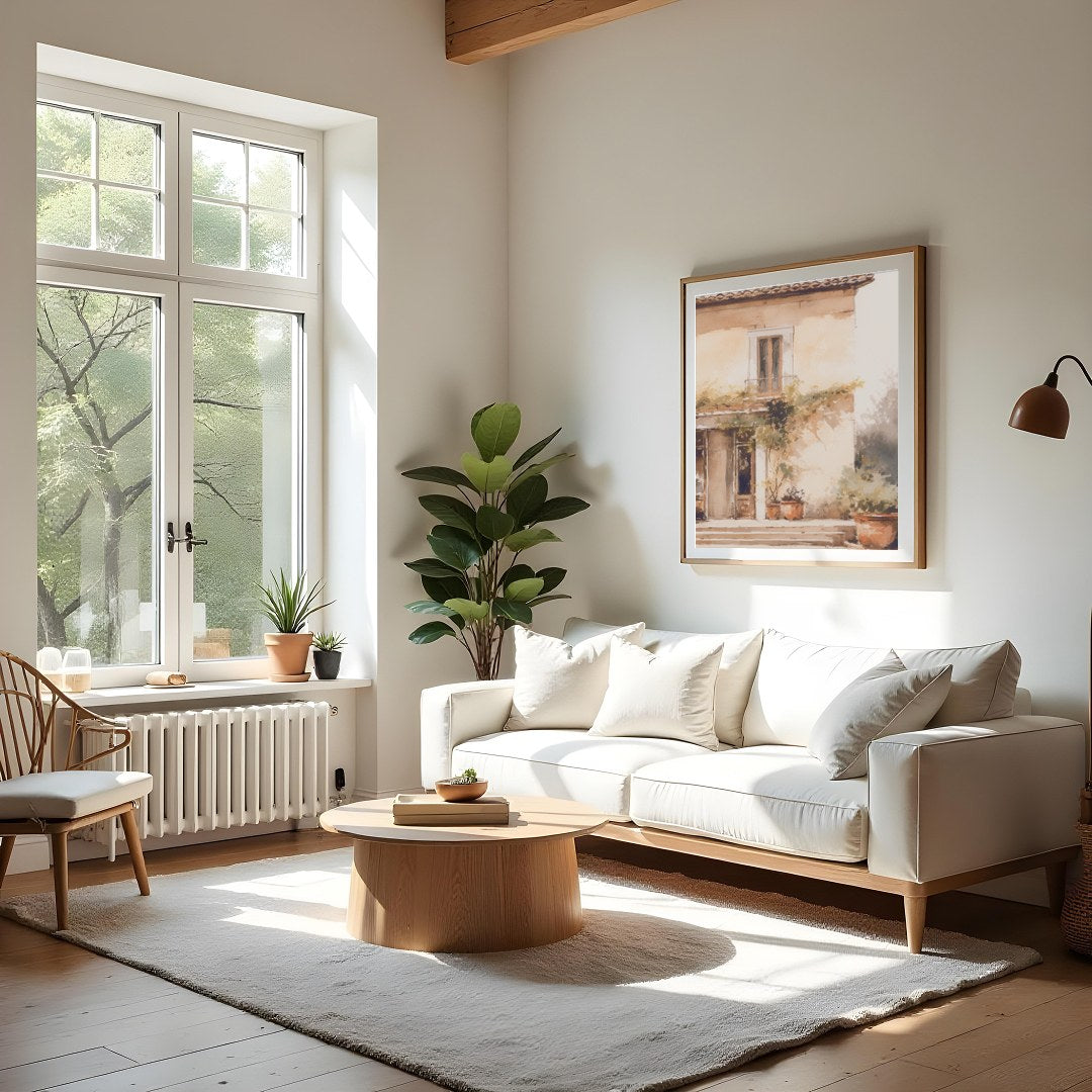 Capture the serenity and warmth of a sun-kissed villa with this exquisite watercolor painting. Its for Living Room