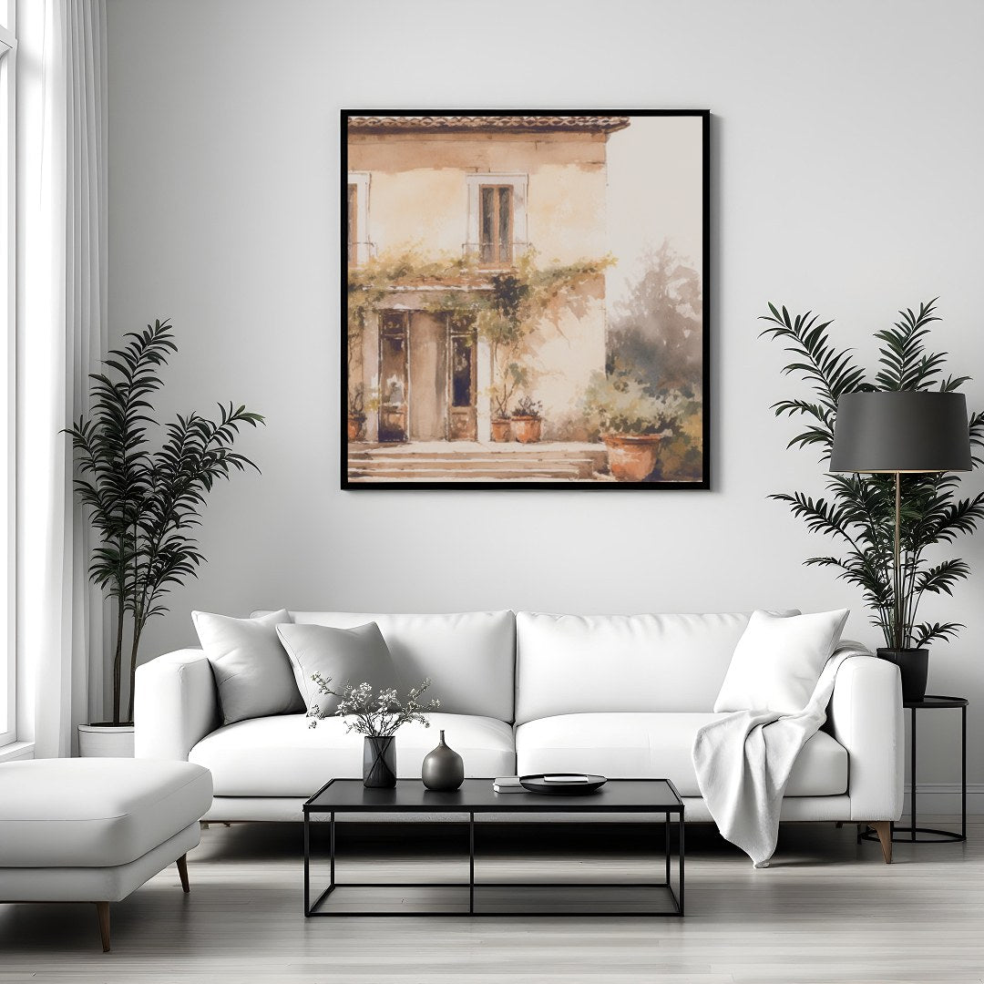 Capture the serenity and warmth of a sun-kissed villa with this exquisite watercolor painting. Its for Sitting Area