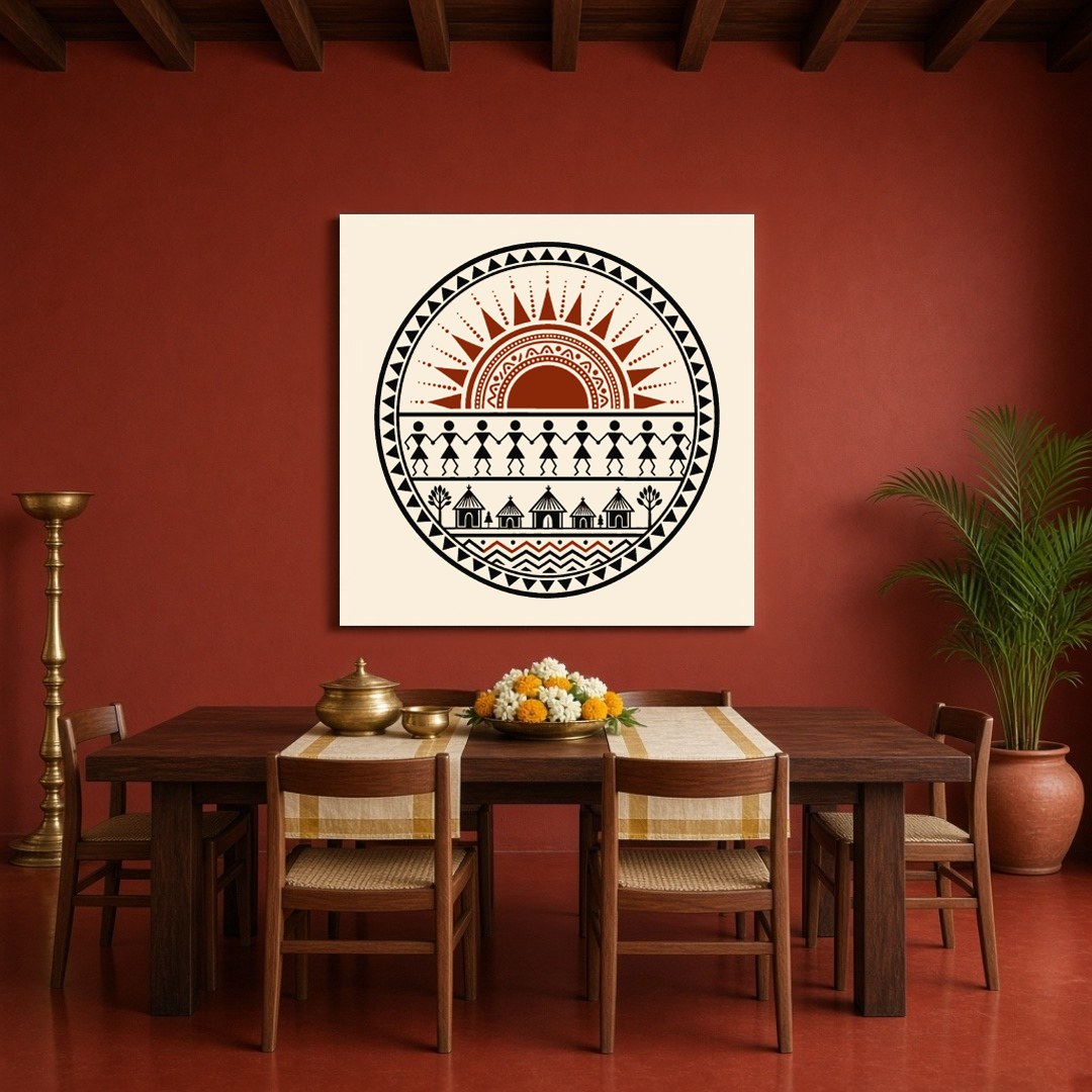 Experience the vibrancy of village life with this captivating Warli art print, where a radiant sun for Dining