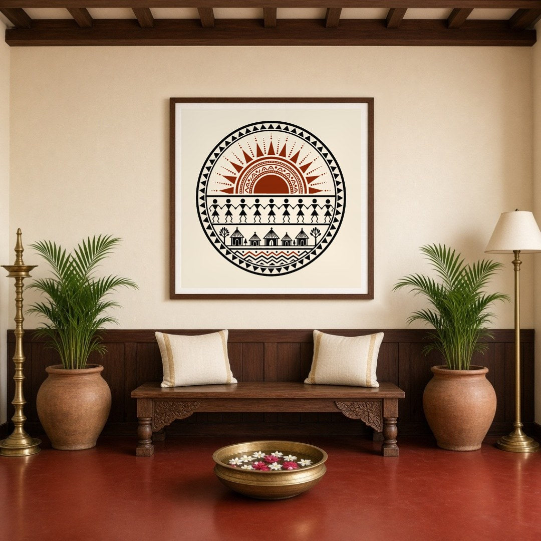 Experience the vibrancy of village life with this captivating Warli art print, where a radiant sun for Entrance