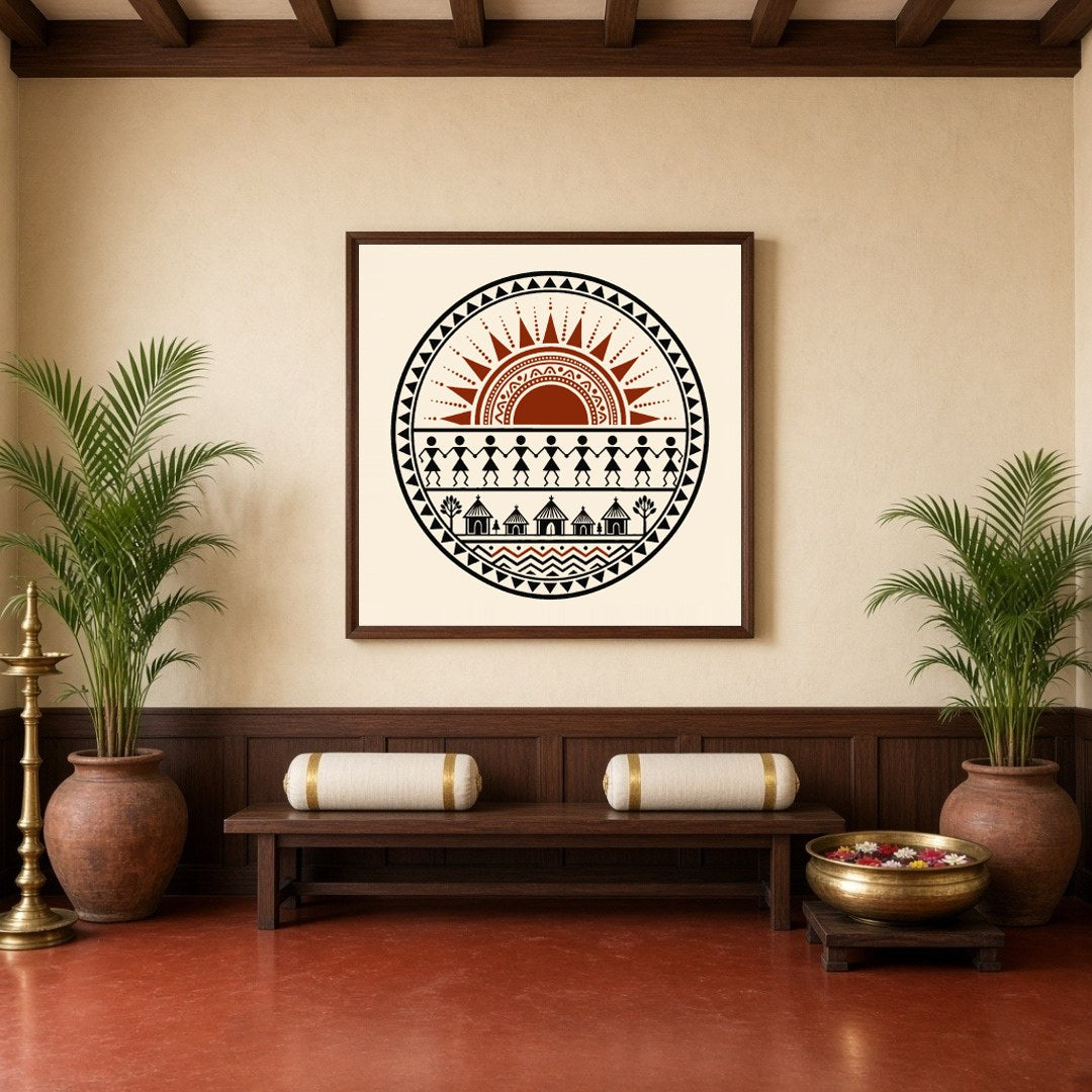 Experience the vibrancy of village life with this captivating Warli art print, where a radiant sun for Hallway