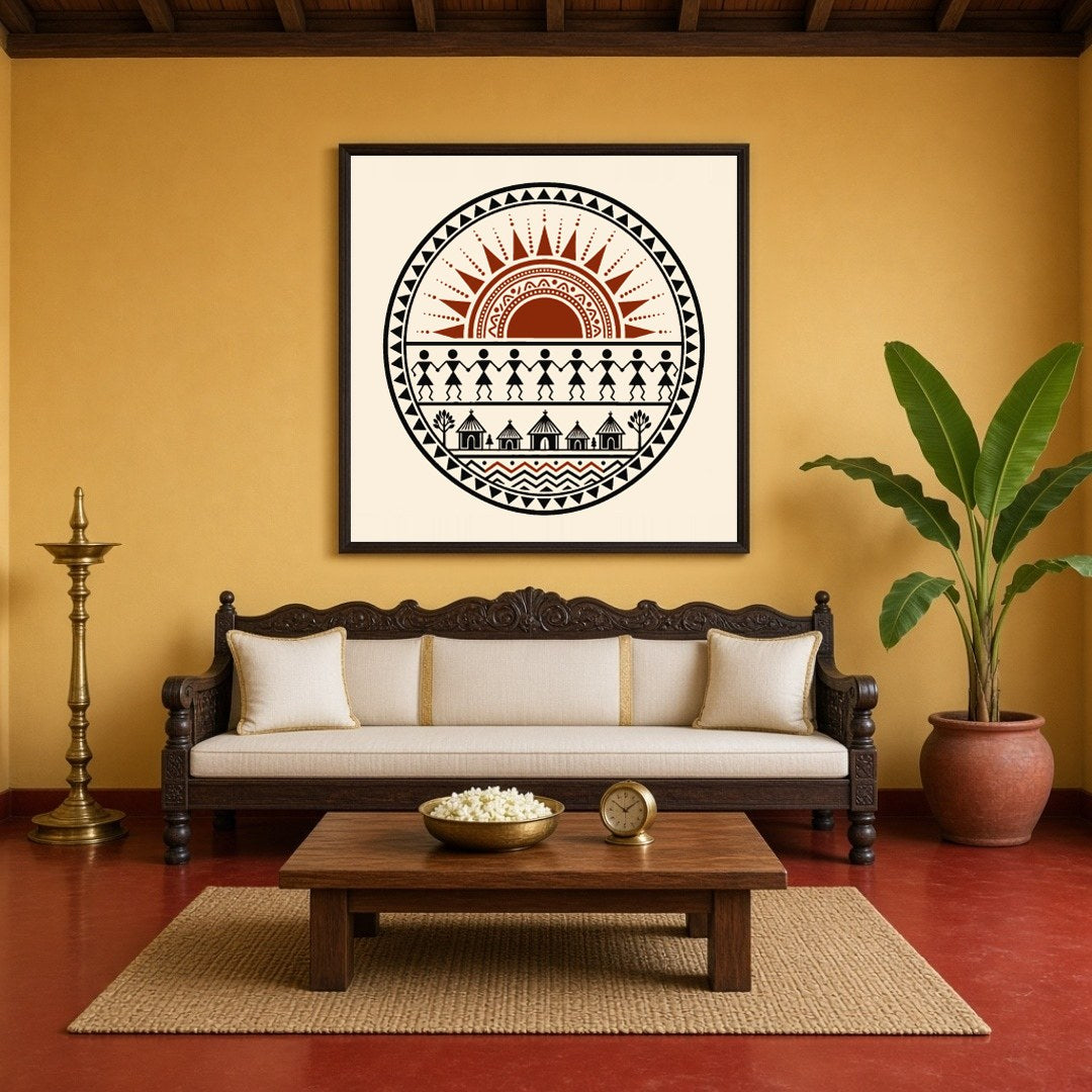 Experience the vibrancy of village life with this captivating Warli art print, where a radiant sun for Living Room