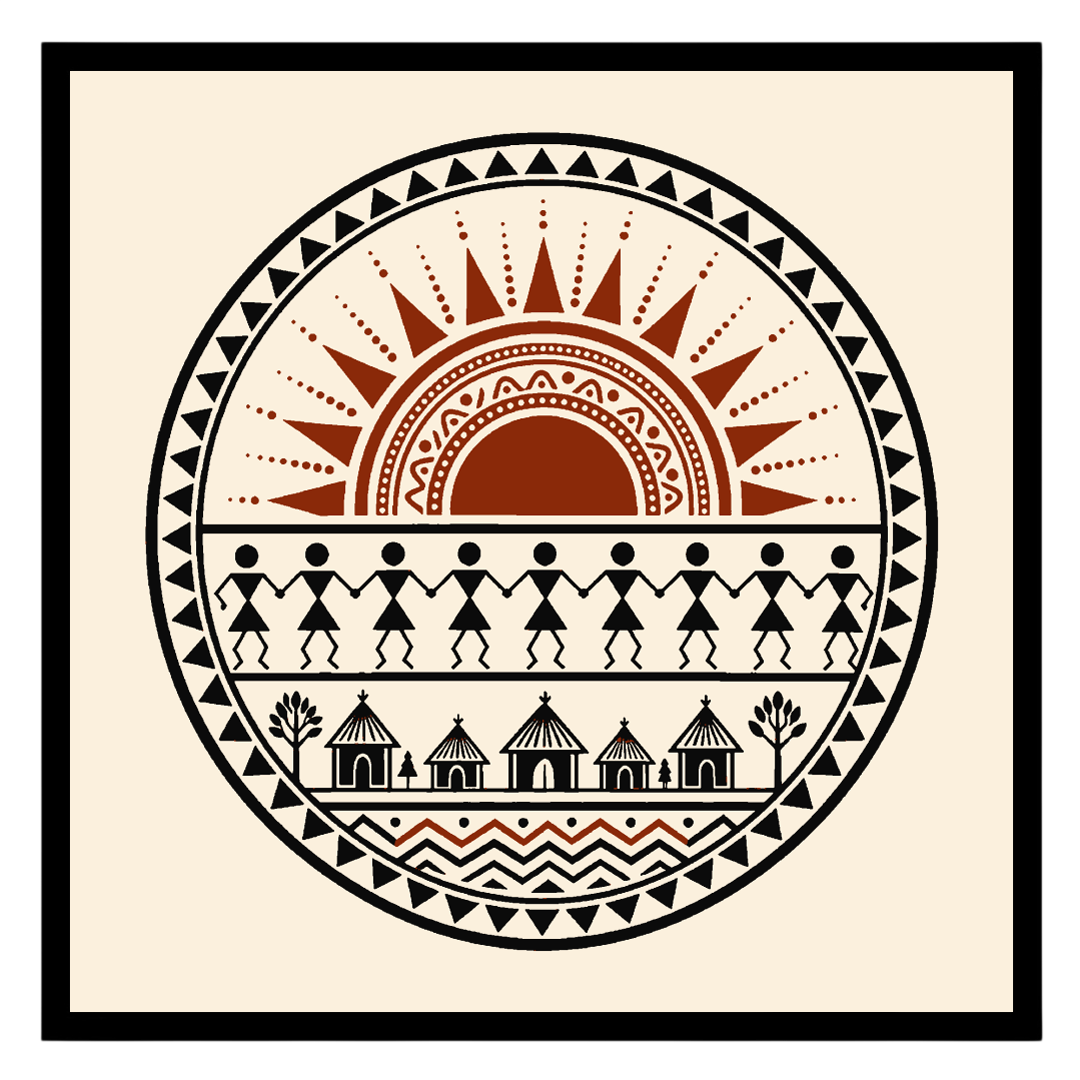 Experience the vibrancy of village life with this captivating Warli art print, where a radiant sun for lovely-house