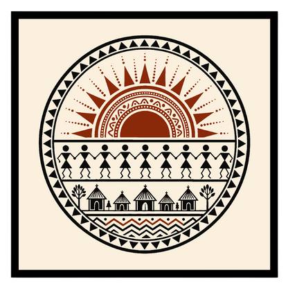 Experience the vibrancy of village life with this captivating Warli art print, where a radiant sun for lovely-house